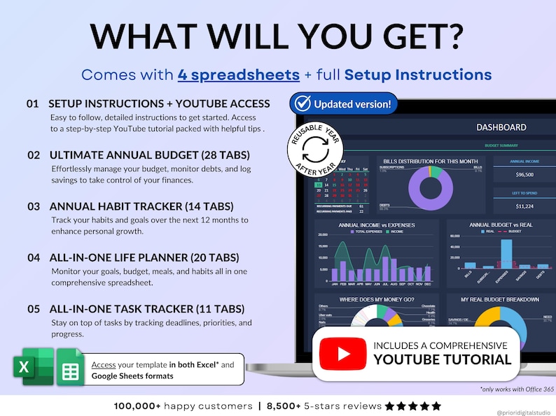 Ultimate Life Organizer Bundle for Excel and Google Sheets in dark mode, perfect for family and individual planning. Complete 2025, 2026, 2027 life planner with budget spreadsheet, habit tracker, task tracker, productivity planner, monthly and annual calendars, dashboards, goal tracking, meal planning, savings and debt tools, net worth and investment trackers. All-in-one digital planner for finance and daily organization. Reuse every year!