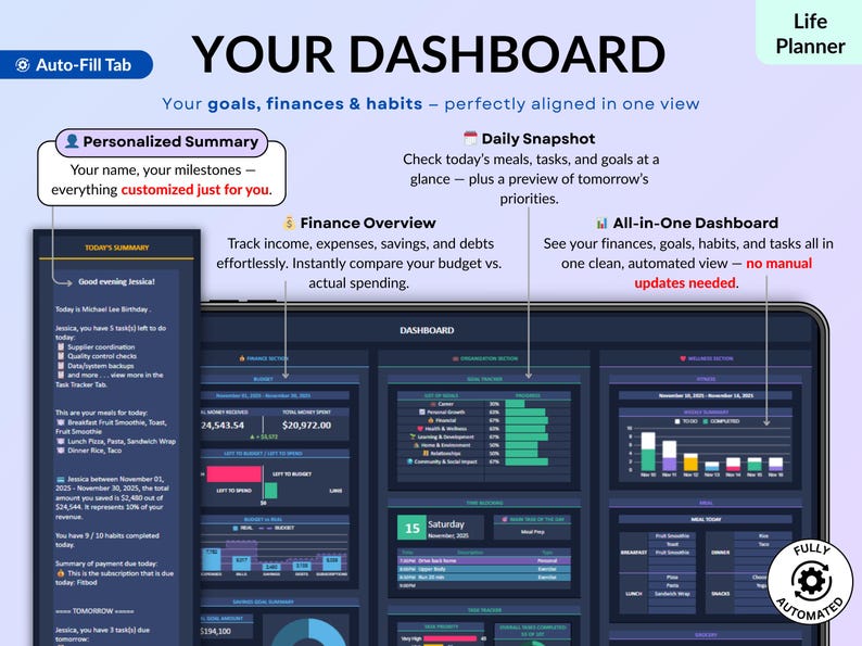 Ultimate Life Organizer Bundle for Excel and Google Sheets in dark mode, perfect for family and individual planning. Complete 2025, 2026, 2027 life planner with budget spreadsheet, habit tracker, task tracker, productivity planner, monthly and annual calendars, dashboards, goal tracking, meal planning, savings and debt tools, net worth and investment trackers. All-in-one digital planner for finance and daily organization. Reuse every year!