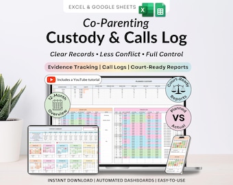 Suivi du temps parental avec Google Sheets Suivi des visites Google Sheets Calendrier de garde d'enfants Excel Journal du temps parental Suivi des appels Planificateur de preuves judiciaires