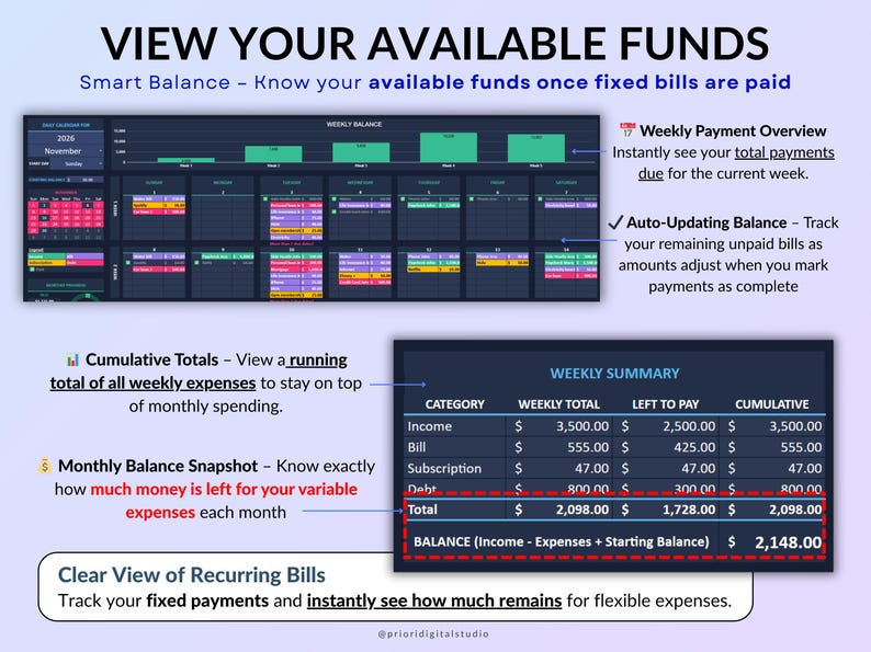 Ultimate Small Business Bundle in dark mode with 4 spreadsheets for Google Sheets and Excel including bookkeeping, inventory tracker, order tracker, pricing calculator, and smart bill calendar. Perfect for small business and handmade sellers to track income, expenses, sales taxes, inventory, customers, product pricing, invoices, profit, and bills in one complete business spreadsheet bundle. Can use for multiple years!