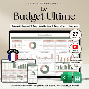 Peut inclure: Présentation d'un tableau de bord financier numérique sur ordinateur portable, tablette et smartphone. L'écran affiche des graphiques et un calendrier. Le texte "Le Budget Ultime" est en haut, avec "Budget Mensuel" et d'autres termes financiers en dessous.