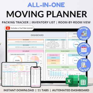 Planificateur de déménagement Feuilles Google Déménagement d'une première maison Feuille de calcul Excel Inventaire de la boîte d'emballage Modèle d'un nouvel appartement Liste de contrôle des tâches pour le déménagement