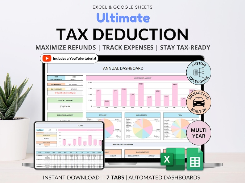 Business tax spreadsheet built for self-employed individuals, freelancers, and small business owners. Track deductions, write-offs, and tax-related transactions in one organized Google Sheets tax tracker. Perfect for annual reporting, 1099 form prep, and staying on top of business accounting and finance management.