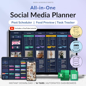 May include: An all-in-one social media planner for Excel and Google Sheets featuring a post scheduler, feed preview, and task tracker. The interface displays a dark-themed dashboard with colourful calendar grids, image previews, and text fields.