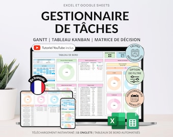 Att göra-lista Calendrier automatiserad Français-mall Google Sheets Modèle de Liste de Tâches Excel Tracker Matrice de Priorité Suivi de Tâches
