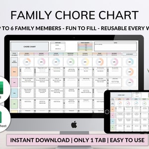 Family Chore Chart Google Sheets Excel Template Planner Family Chore Cart Weekly Calendar Cleaning Checklist Daily Chore Chart for Kids