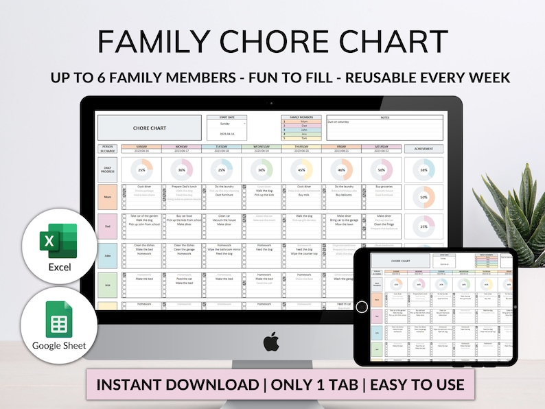 Family Chore Chart Google Sheets Excel Template Planner, Family Chore Cart Weekly Calendar, Cleaning Checklist, Daily Chore Chart for Kids