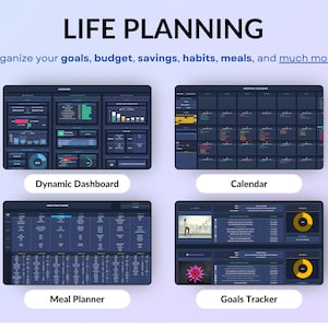 Ultimate Life Organizer Bundle for Excel and Google Sheets in dark mode, perfect for family and individual planning. Complete 2025, 2026, 2027 life planner with budget spreadsheet, habit tracker, task tracker, productivity planner, monthly and annual calendars, dashboards, goal tracking, meal planning, savings and debt tools, net worth and investment trackers. All-in-one digital planner for finance and daily organization. Reuse every year!