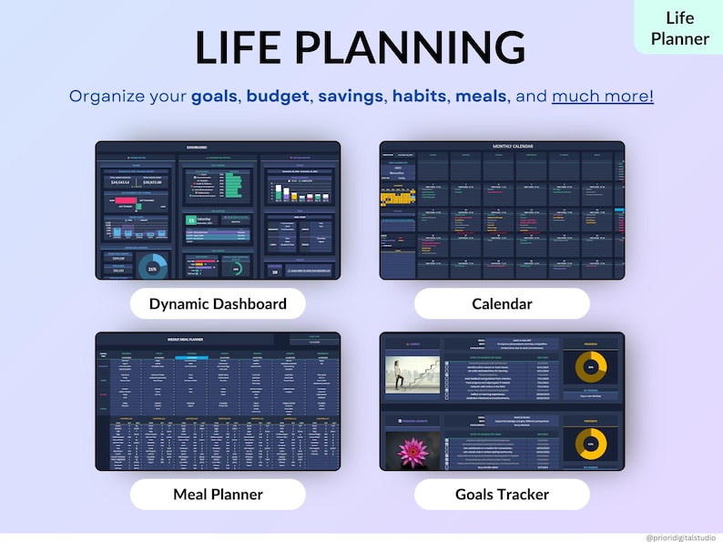 Ultimate Life Organizer Bundle for Excel and Google Sheets in dark mode, perfect for family and individual planning. Complete 2025, 2026, 2027 life planner with budget spreadsheet, habit tracker, task tracker, productivity planner, monthly and annual calendars, dashboards, goal tracking, meal planning, savings and debt tools, net worth and investment trackers. All-in-one digital planner for finance and daily organization. Reuse every year!