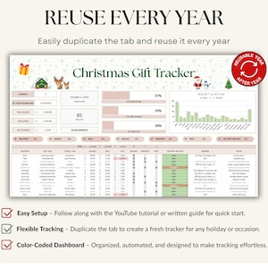 Holiday Gift Tracker Spreadsheet for Christmas budgeting and planning. Manage recipient names, gift ideas, stores, purchase links, and budgets in one dashboard. Track budget vs actual spending, see auto-updating charts, and monitor gift status bought, wrapped, and sent. Works with any currency and simplifies your holiday shopping with a clear all-in-one template.