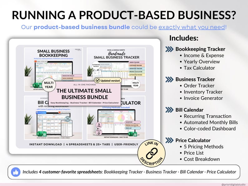 Small business spreadsheet bundle for service business owners available in Excel and Google Sheets. Includes bookkeeping spreadsheet, client tracker, CRM, payroll tracker, invoice tracker, and order tracker to organize finances and customers. Perfect all-in-one toolkit to manage your service business, streamline bookkeeping, and track clients, orders, and payments with ease in one simple system.