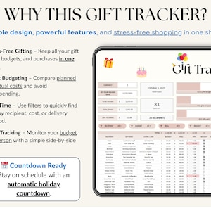All-Occasion Gift Tracker Spreadsheet for birthdays, weddings, baby showers, and special occasions. Track recipient names, gift ideas, stores, budgets, and spending in one easy dashboard. Monitor progress for each gift, compare budget vs actual costs, and keep everything organized. Works with any currency and simplifies gift planning, shopping, and budgeting for stress-free gifting all year round.