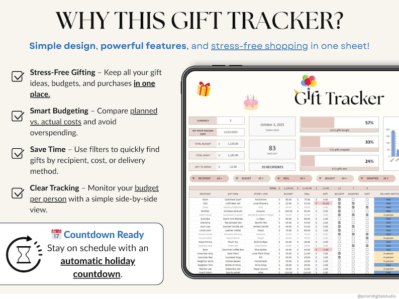 All-Occasion Gift Tracker Spreadsheet for birthdays, weddings, baby showers, and special occasions. Track recipient names, gift ideas, stores, budgets, and spending in one easy dashboard. Monitor progress for each gift, compare budget vs actual costs, and keep everything organized. Works with any currency and simplifies gift planning, shopping, and budgeting for stress-free gifting all year round.