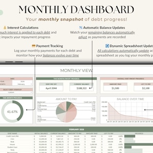 Ultimate Debt Dashboard spreadsheet to track and pay off debt with snowball, avalanche, or custom strategy with custom payment amounts. Includes debt payoff tracker, debt payoff spreadsheet, credit card and loan tracker, mortgage and student loan payoff calculator, credit score tracker and credit utilization tracking, monthly dashboard, repayment calculator. Google Sheets and Excel debt tracker for personal finance, budget planner, financial planner.
