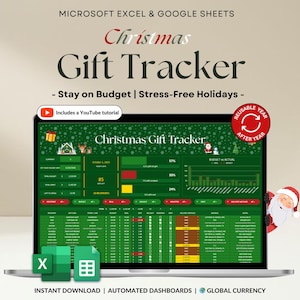 以下が含まれることがあります： 緑と白を基調としたクリスマスギフトトラッカーのスプレッドシートが、ノートパソコンの画面に表示されています。画面にはデータ表とグラフが表示されています。画面のテキストは「Christmas Gift Tracker」と表示されています。ノートパソコンには、Microsoft ExcelとGoogle Sheetsのアイコンも表示されています。