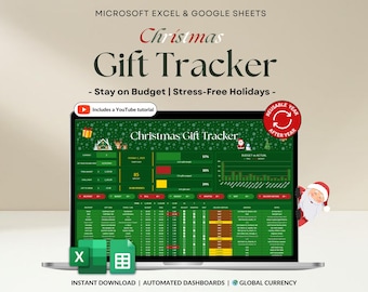 Hoja de cálculo de seguimiento de regalos de Navidad Hoja de cálculo de Google Excel Seguimiento del presupuesto navideño Lista de regalos navideños Seguimiento de gastos Lista de verificación de planificación navideña