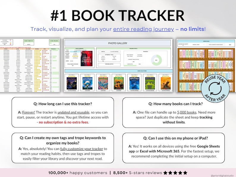 Premium book tracker spreadsheet for Google Sheets and Excel, designed as a digital reading journal, book planner, and personal book library. Track up to 5,000 books, manage reading lists, log book reviews, monitor reading habits, view automated charts and tables, and track book releases with an automated calendar. Beginner-friendly digital book tracker template for book lovers.
