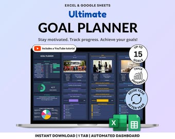 Goal Planner Google Sheets Dark Mode Goal Tracker Excel Spreadsheet Goal Setting Planner Visual Board 2026 New Year’s Resolution Tracker