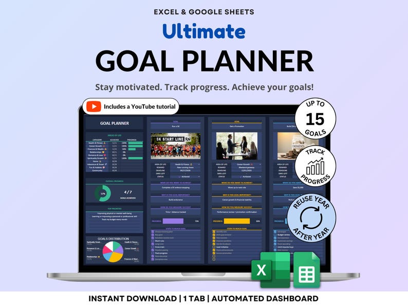 Goal Planner dark mode spreadsheet in Google Sheets and Excel showing annual goal tracking dashboard with life areas, progress bars, deadlines, rewards, action steps, reflection questions, priority goals, and visual charts. Easy goal setting planner for New Year’s resolutions, yearly, quarterly, and monthly planning with automated progress tracking and visual goal overview for 2026. Reuse every single year!