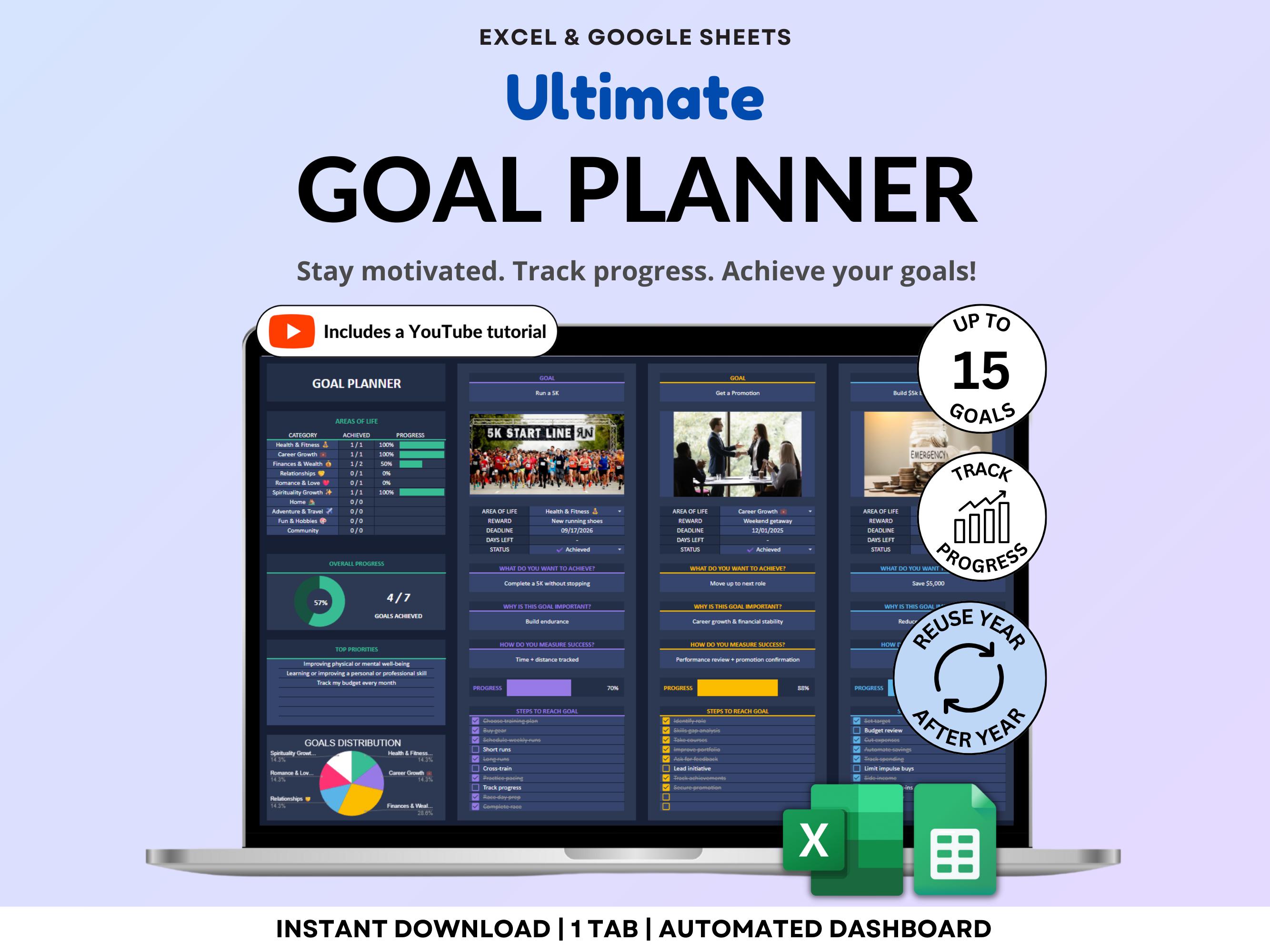 Goal Planner Google Sheets Dark Mode Goal Tracker Excel Spreadsheet ...