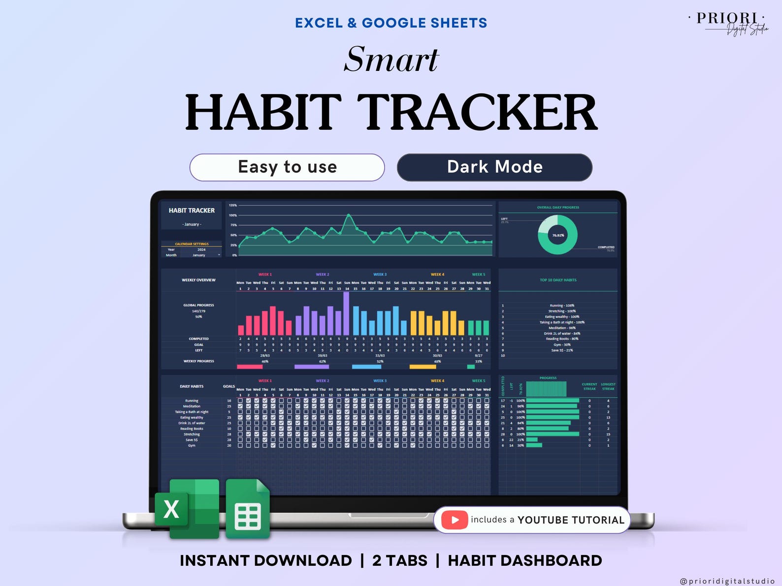 Everyday Routine Dashboard Habit Tracker Spreadsheet Dark Mode Google Sheets Excel Daily Habit ...