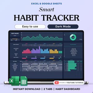Habit Tracker Spreadsheet Dark Mode Google Sheets Excel Daily Habit Planner Weekly Goal Planner Digital Routine Dashboard Habit To Do List