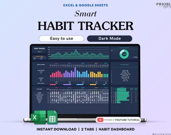 Planilha de rastreamento de hábitos, Modo escuro, Planilhas Google, Excel, Planejador de hábitos diários, Planejador de metas semanais, Painel de rotina digital, Lista de tarefas para controle de hábitos