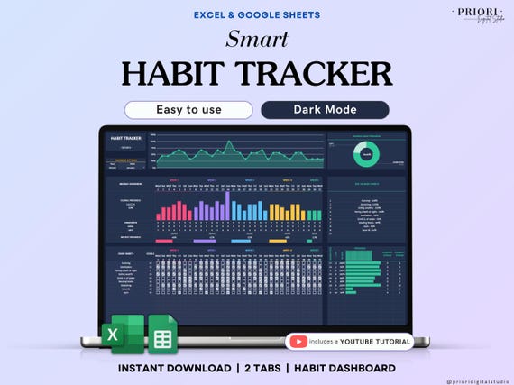 Habit Tracker Spreadsheet Dark Mode Google Sheets Excel Daily Habit Planner Weekly Goal Planner Digital Routine Dashboard Habit To Do List