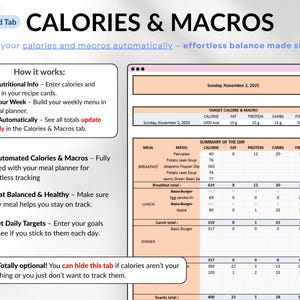 Weekly Meal Planner Spreadsheet for Google Sheets and Excel – organize your family meals, track recipes, plan grocery lists, monitor calories and macros, log hydration and weight, and manage food inventory automatically. Includes 15 tabs for recipes, meal scheduling, printable shopping lists, and weight loss tracking. Perfect for efficient meal planning and healthy eating.