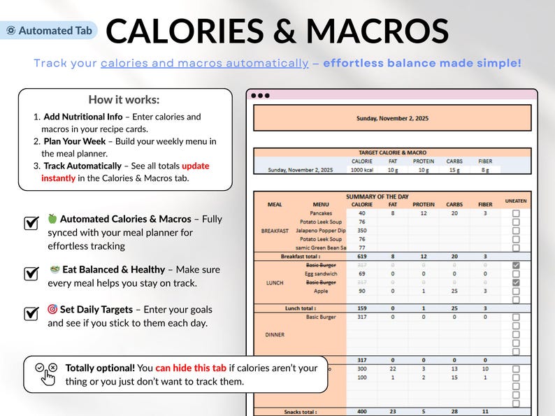 Weekly Meal Planner Spreadsheet for Google Sheets and Excel – organize your family meals, track recipes, plan grocery lists, monitor calories and macros, log hydration and weight, and manage food inventory automatically. Includes 15 tabs for recipes, meal scheduling, printable shopping lists, and weight loss tracking. Perfect for efficient meal planning and healthy eating.