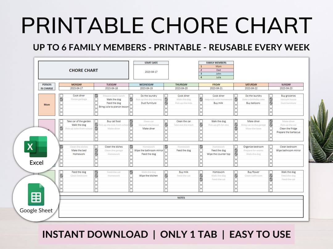 Printable Chore Chart Google Sheet Excel Template Planner, Family Chore ...