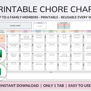 印刷可能な家事表 Google シート Excel テンプレート プランナー、家族の家事カート週間カレンダー、掃除チェックリスト、子供向けの毎日の家事表
