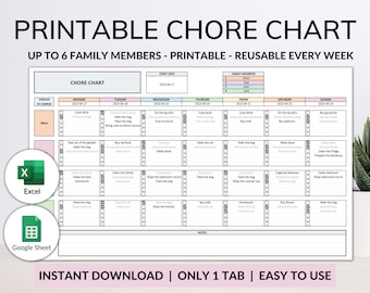 Printable Chore Chart Google Sheet Excel Template Planner, Family Chore Cart Weekly Calendar, Cleaning Checklist, Daily Chore Chart for Kids