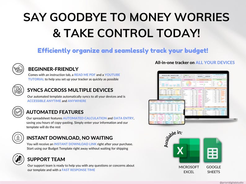 Easy Budget Planner for Google Sheets and Excel — an all-in-one paycheck budgeting spreadsheet designed to help you manage your weekly, biweekly, and monthly finances. Track income, expenses, bills, and savings goals effortlessly. Perfect for personal finance management, money tracking, and improving your financial planning with a clear, customizable budget template