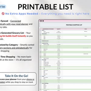 Weekly Meal Planner Spreadsheet for Google Sheets and Excel – organize your family meals, track recipes, plan grocery lists, monitor calories and macros, log hydration and weight, and manage food inventory automatically. Includes 15 tabs for recipes, meal scheduling, printable shopping lists, and weight loss tracking. Perfect for efficient meal planning and healthy eating.