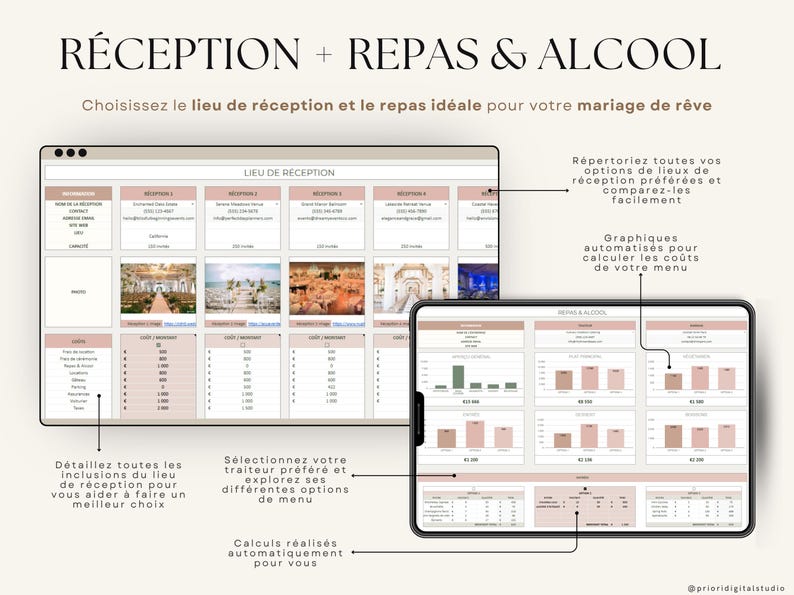 Planner de mariage numérique en français compatible Excel et Google Sheets. Suivi du budget, liste d'invités, plan de table, itinéraire, lune de miel, checklist de mariage, fiançailles, gestion des cadeaux et plus. Parfait pour planifier un mariage de A à Z. Téléchargement instantané, idéal pour les couples organisés. Outil tout-en-un pour mariage civil, religieux ou destination.