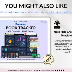 Premium book tracker spreadsheet for Google Sheets and Excel, designed as a digital reading journal, book planner, and personal book library. Track up to 5,000 books, manage reading lists, log book reviews, monitor reading habits, view automated charts and tables, and track book releases with an automated calendar. Beginner-friendly digital book tracker template for book lovers.