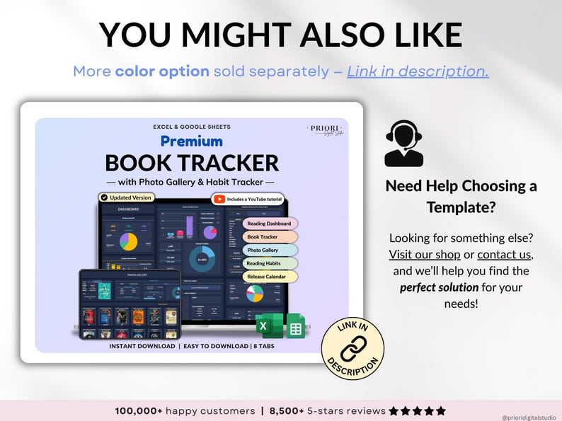 Premium book tracker spreadsheet for Google Sheets and Excel, designed as a digital reading journal, book planner, and personal book library. Track up to 5,000 books, manage reading lists, log book reviews, monitor reading habits, view automated charts and tables, and track book releases with an automated calendar. Beginner-friendly digital book tracker template for book lovers.