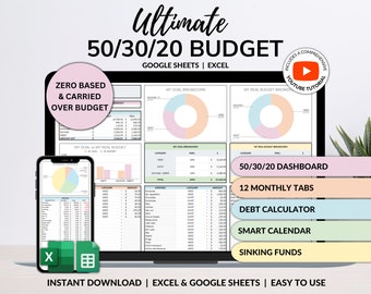 Monthly Budget 50/30/20 Annual Budget Planner Google Sheets Excel Paycheck Budget Biweekly Financial Planner Bill Calendar Debt Tracker