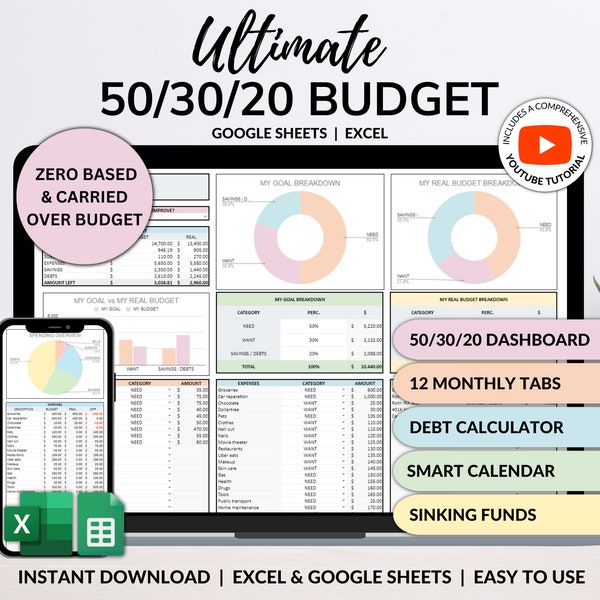 Monthly Budget 50/30/20 Annual Budget Planner Google Sheets Excel Paycheck Budget Biweekly Financial Planner Bill Calendar Debt Tracker