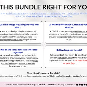 Busy Mom Life Organizer Bundle for Excel and Google Sheets featuring a complete co-parenting tracker, annual budget planner, life planner, meal planner, habit tracker, time blocking, and daily task tracker. Includes calendars, dashboards, custody schedules, expense tracking, savings, debt, goals, and productivity tools for organized family life.