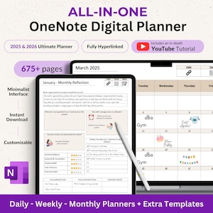 OneNote Planner 2025 2026 Modelli OneNote digitali Planner con collegamento ipertestuale Planner giornaliero settimanale Planner organizzativo Professional OneNote 2025