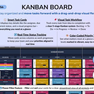 Project Management Spreadsheet for Excel and Google Sheets in dark mode designed for small businesses, teams, and freelancers. Includes dashboards, recurring tasks, Gantt chart, Kanban board, Eisenhower matrix, task tracker, project timeline, and schedule templates