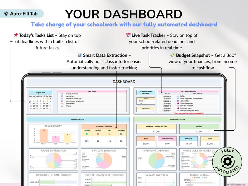 All-in-one student planner for college and school! Track assignments, exams, and deadlines. Includes finance tracker, class schedule, weekly calendar, to-do list, attendance log, reading tracker, contact list, and more. Prioritize tasks, monitor schoolwork, and visualize your schedule. Perfect academic planner for staying organized all semester. Ideal for students and college life!