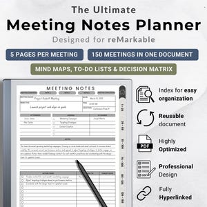 Appunti per riunioni Planner reMarkable 2 Modelli per riunioni con collegamento ipertestuale per reMarkable Paper Pro Verbali delle riunioni Planner reMarkable Agenda delle riunioni