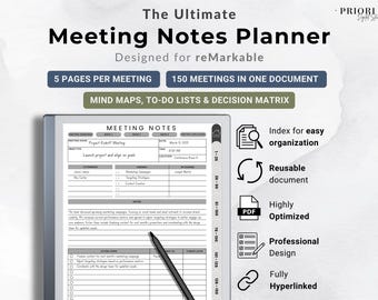 May include: A black and white digital planner for taking meeting notes. The planner is designed for the reMarkable tablet and includes 150 meetings in one document. The planner features mind maps, to-do lists, and a decision matrix. The planner is reusable, highly optimized, professionally designed, and fully hyperlinked.