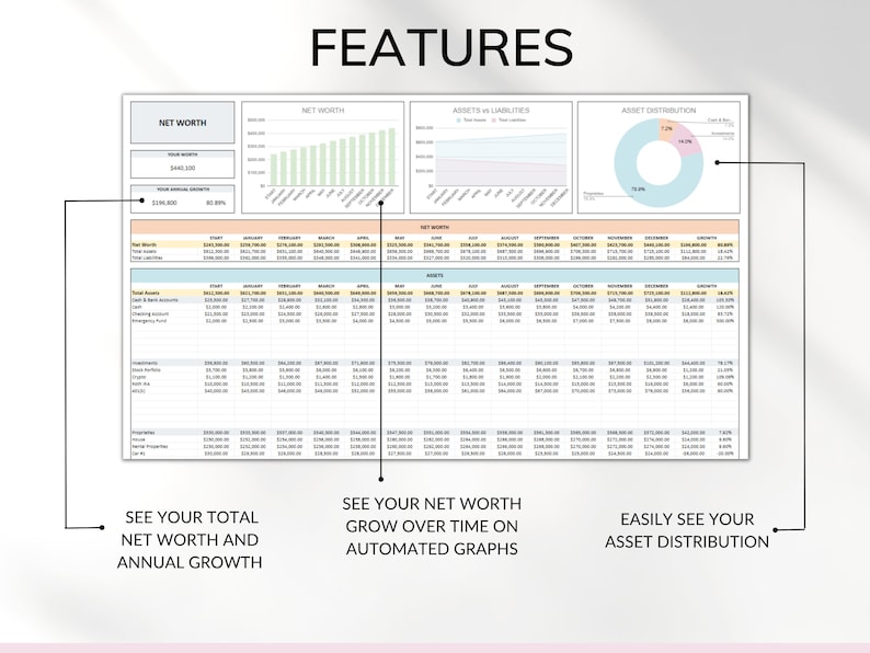 Net Worth is displayed in multicolor with characteristics pointed by arrows