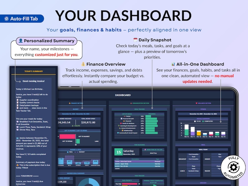 Dark mode ADHD Life Planner designed in Google Sheets and Excel to help you stay organized with an all-in-one digital dashboard. Includes a 2026 calendar, weekly and monthly planners, to-do lists, time blocking, goal tracking, habit tracker, budget and savings trackers, debt tracker, meal planner, grocery list, fitness and hydration trackers. A simple, modern, and easy-to-use spreadsheet template for everyday life management.