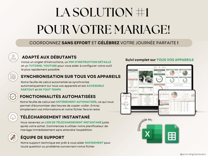 Planner de mariage numérique en français compatible Excel et Google Sheets. Suivi du budget, liste d'invités, plan de table, itinéraire, lune de miel, checklist de mariage, fiançailles, gestion des cadeaux et plus. Parfait pour planifier un mariage de A à Z. Téléchargement instantané, idéal pour les couples organisés. Outil tout-en-un pour mariage civil, religieux ou destination.