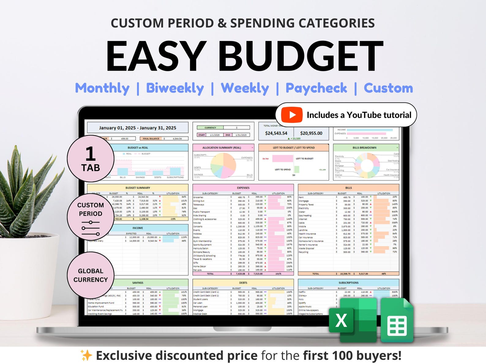 Budget Planner for Google Sheets Paycheck Budget Spreadsheet Excel ...
